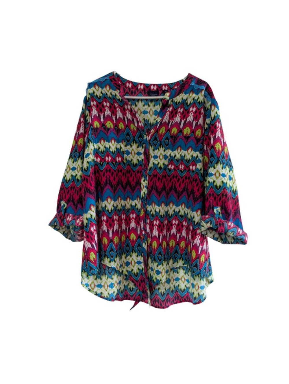 Westbound Women's Geometric Peasant Blouse, Multicolor, Plus 2X, Tie Front, Lace